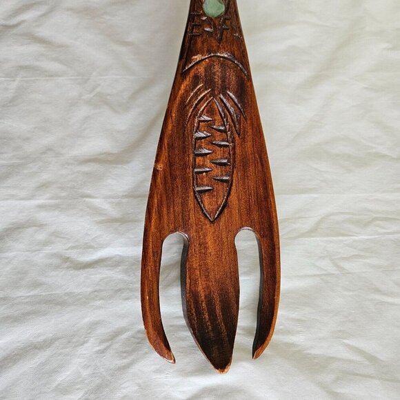 Wood Carved Salad Serving Spoon And Fork Vintage Tribal Maori New Zealand 80s - Picture 4 of 13